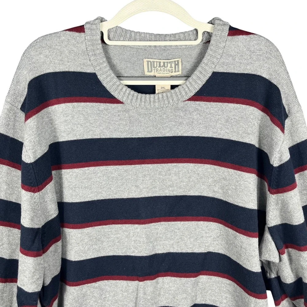 Duluth Trading Co Sweater Mens 2XL Grey Navy Red Striped Cotton Blend Pullover